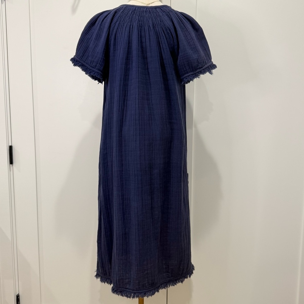 Voloshin Cotton Gauze Midi Dress XS Navy Boho Fringe Hem Lagenlook Beachy Chic - Picture 3 of 10